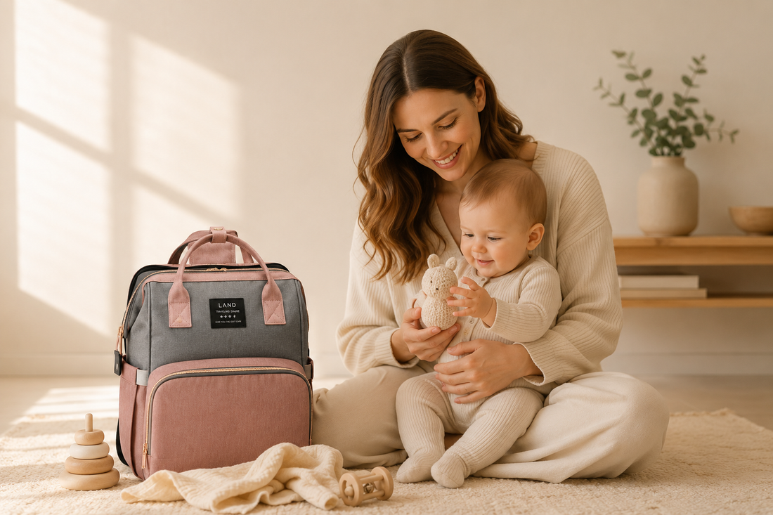 Parent holding baby beside Nevababy diaper bag